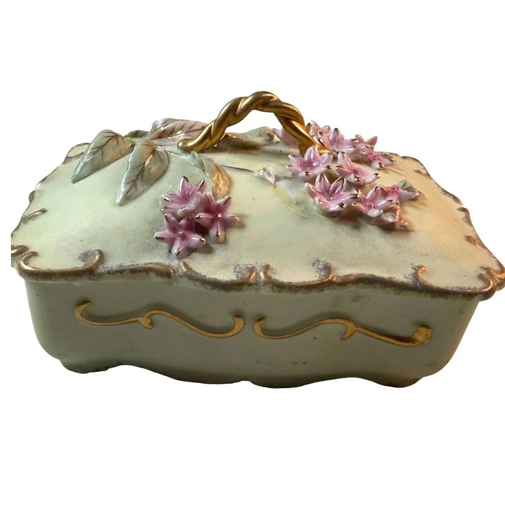 Vintage Porcelain Trinket Box 3D Floral Gold Trim Cream Pink Cottagecore Decor